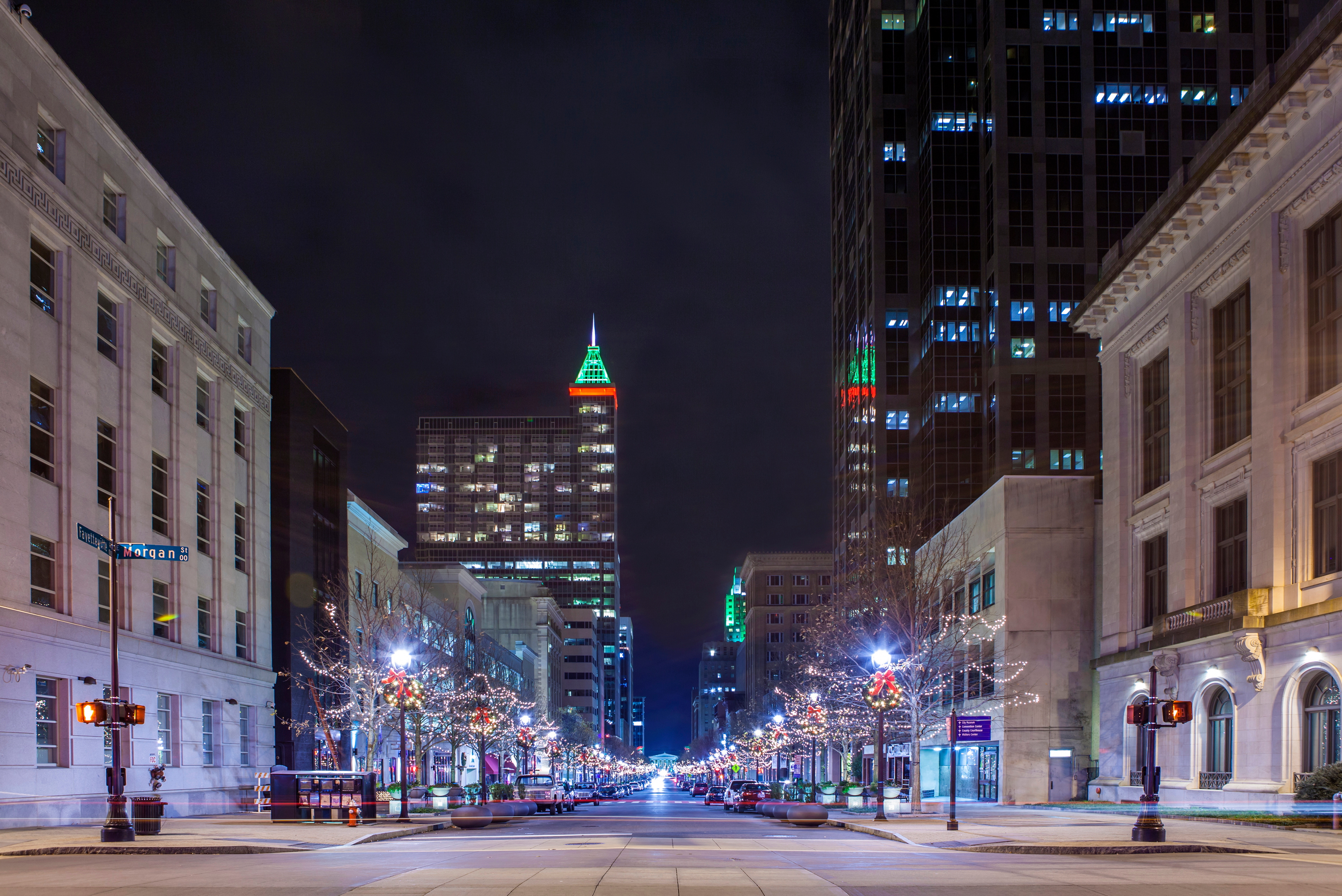 Nighttime view of Downtown Raleigh at Christmas time